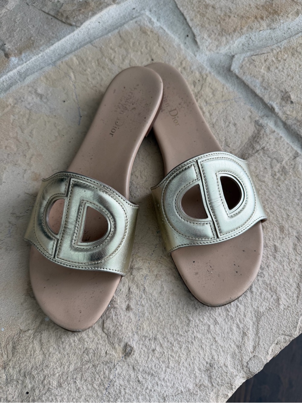 Dior Metallic Gold D-Logo Slide Mules